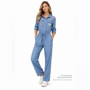 NAF NAF Size 36 (Fits XS–S) Blue Chambray Pearl Snap Jumpsuit Art